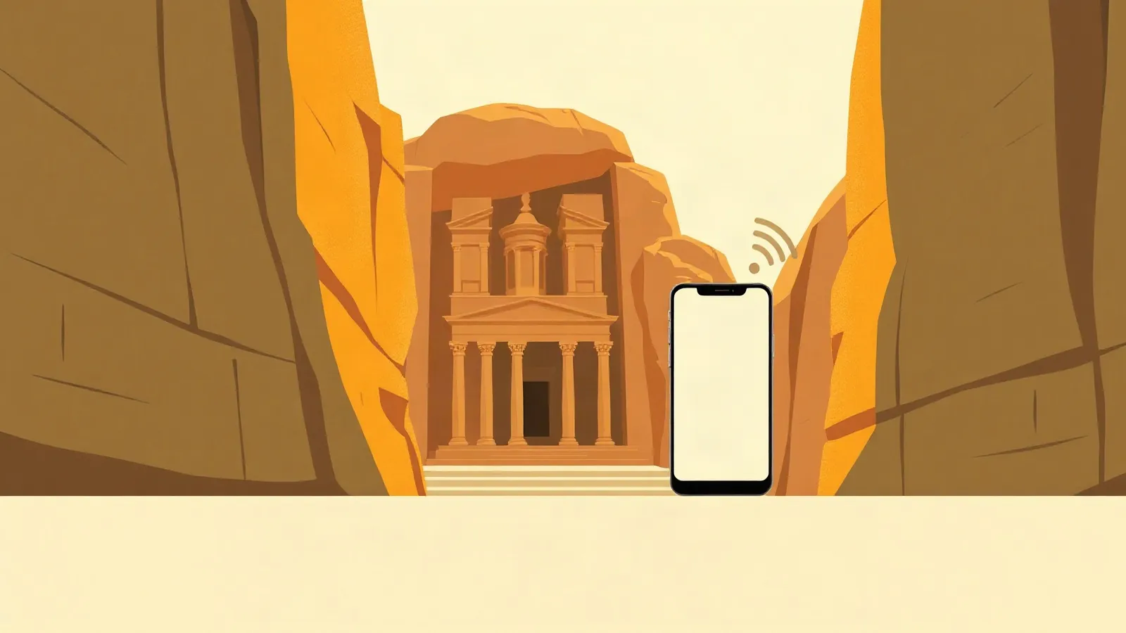 Ancient facade carved into rose-red cliffs with a smartphone in the foreground
