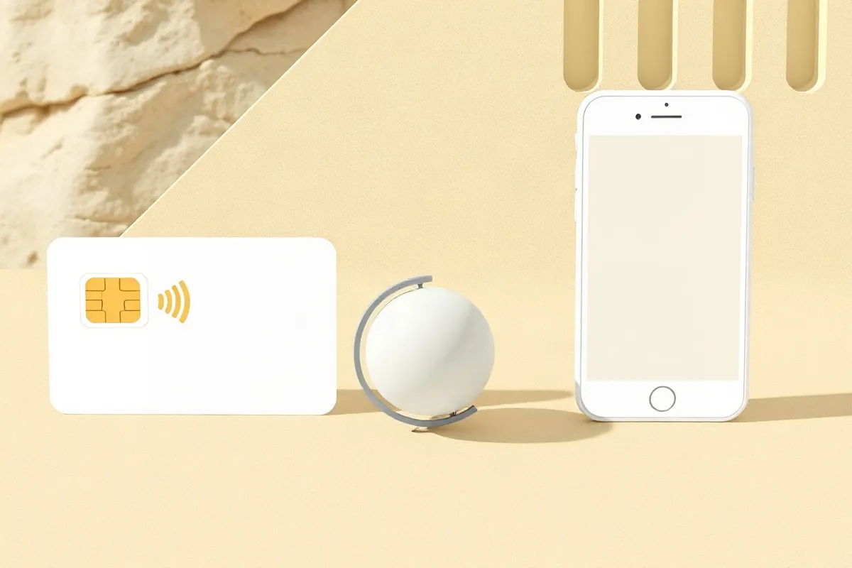 A local SIM card, a globe with a roaming arc and a smartphone for a data eSIM