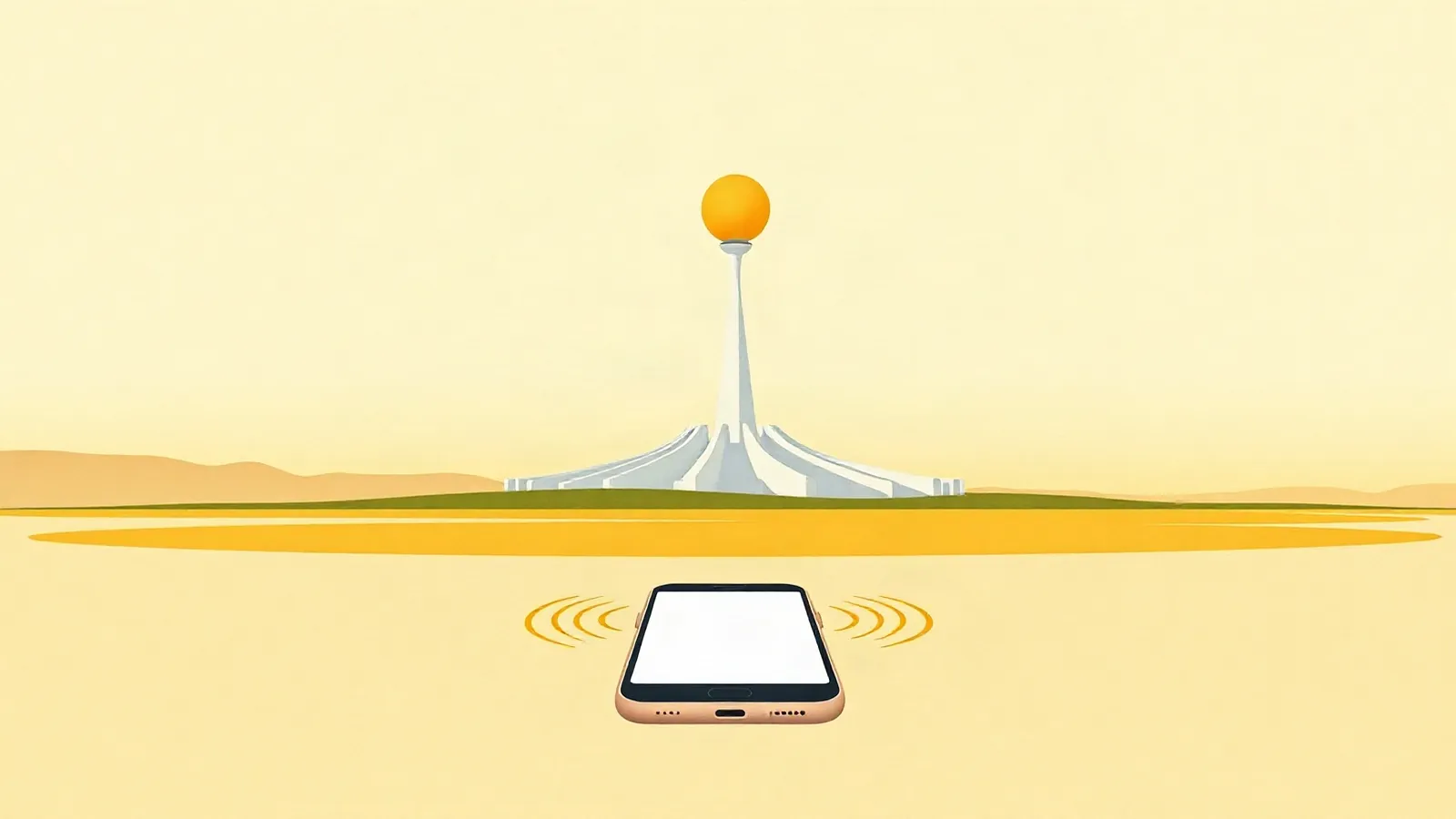 Slender tower with a golden sphere above a modern city on the steppe with a smartphone in the foreground