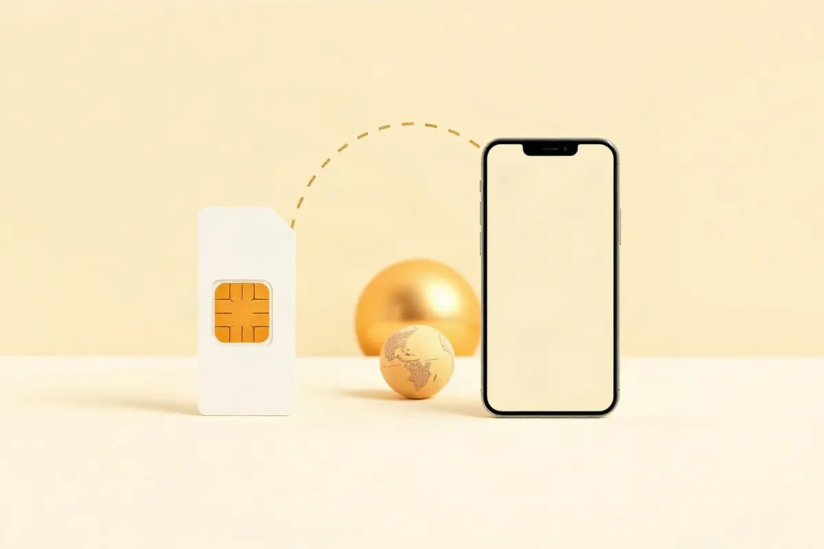 A local SIM card, a globe with a roaming arc and a smartphone for a data eSIM