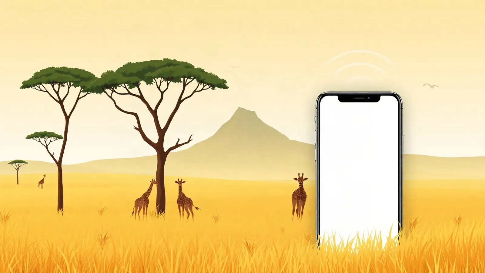 Acacia trees and giraffes on a golden savanna with a smartphone in the foreground