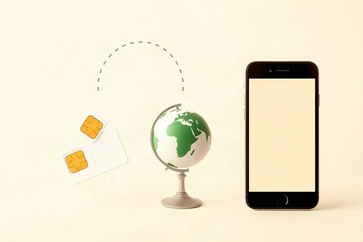 A local SIM card, a globe with a roaming arc and a smartphone for a data eSIM
