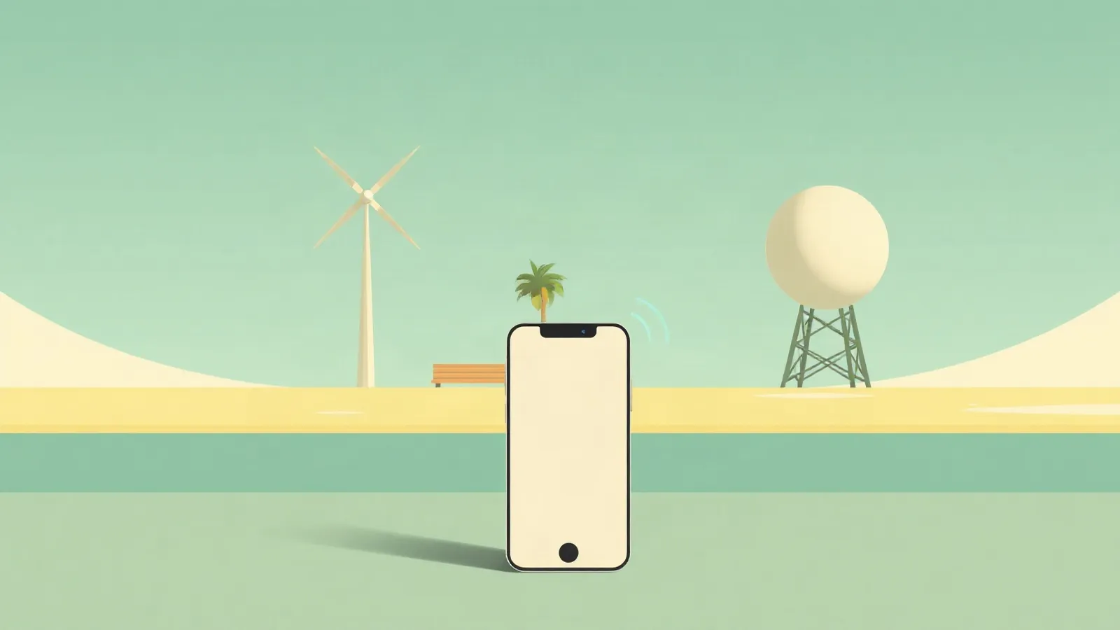 Seaside towers with round spheres on a calm shore with a smartphone in the foreground