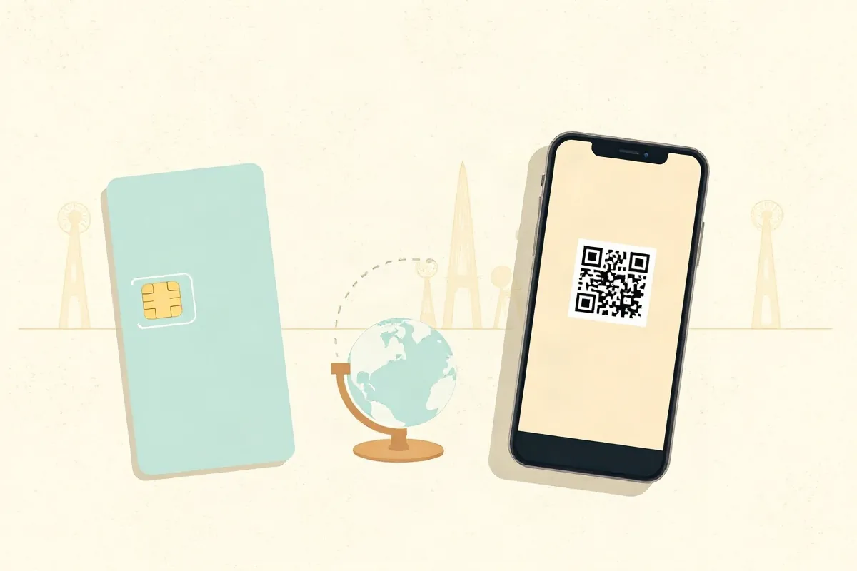 A local SIM card, a globe with a roaming arc and a smartphone for a data eSIM