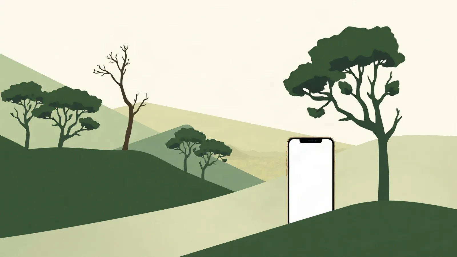 Cedar trees on mountain slopes above the sea with a smartphone in the foreground