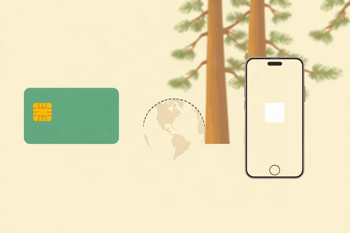 A local SIM card, a globe with a roaming arc and a smartphone for a data eSIM