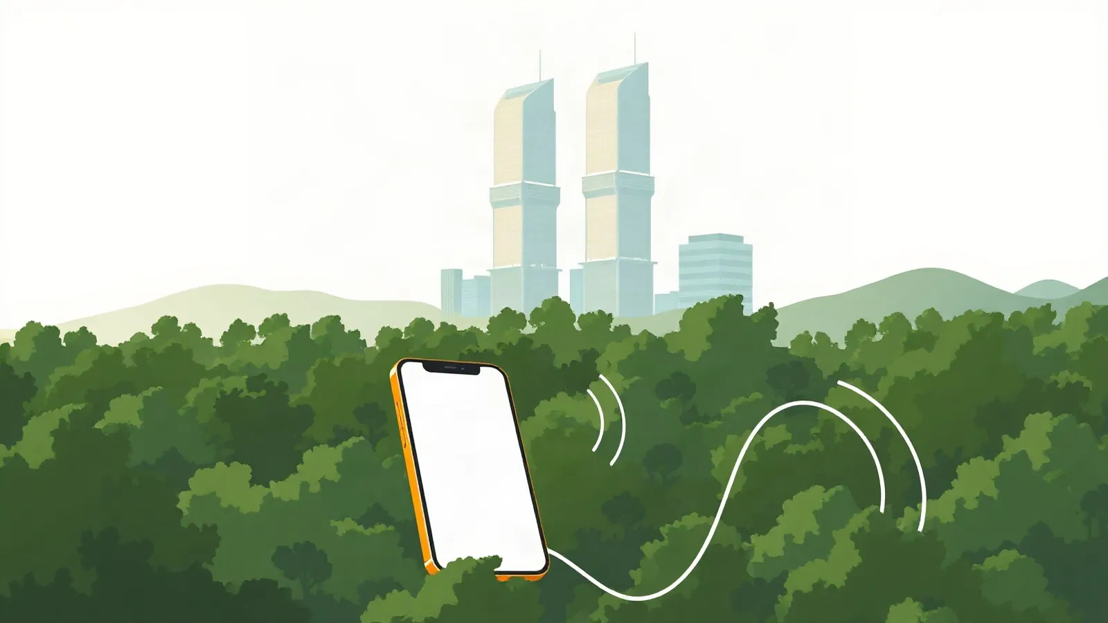 Twin towers above green rainforest with a smartphone in the foreground