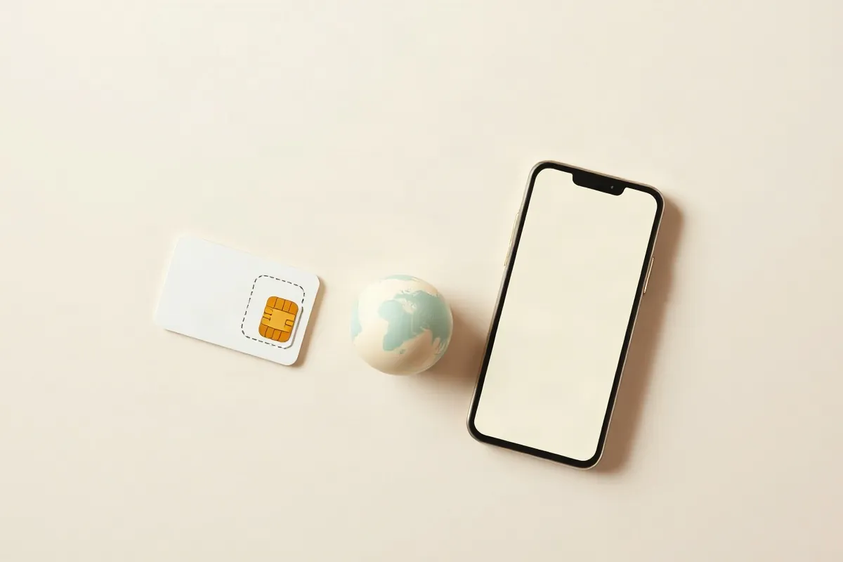 A local SIM card, a globe with a roaming arc and a smartphone for a data eSIM