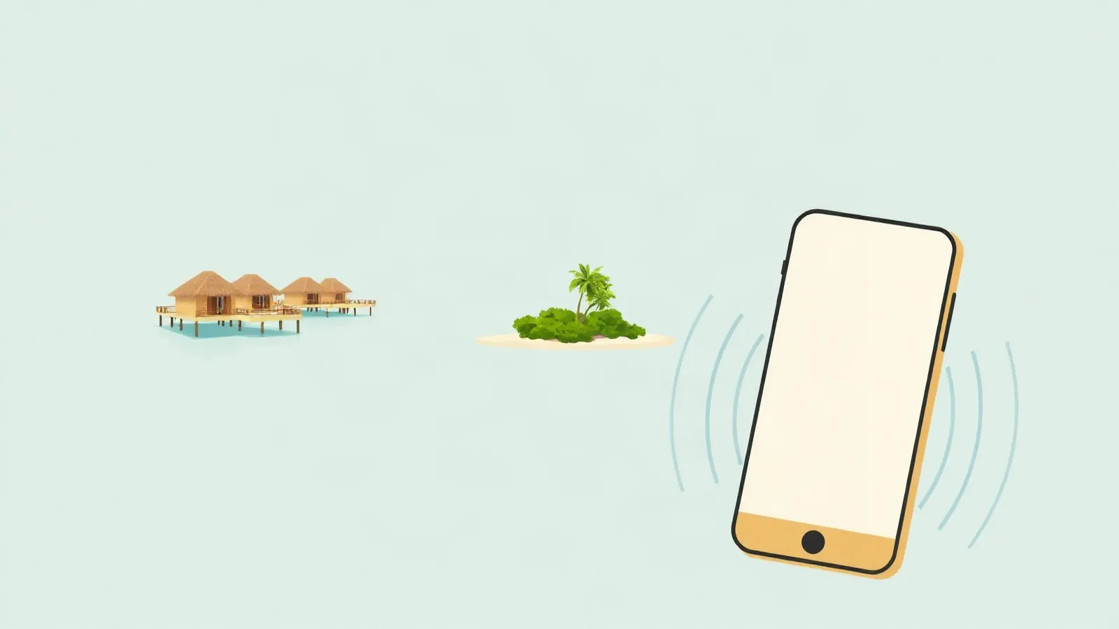Overwater villas in a turquoise lagoon with a smartphone in the foreground