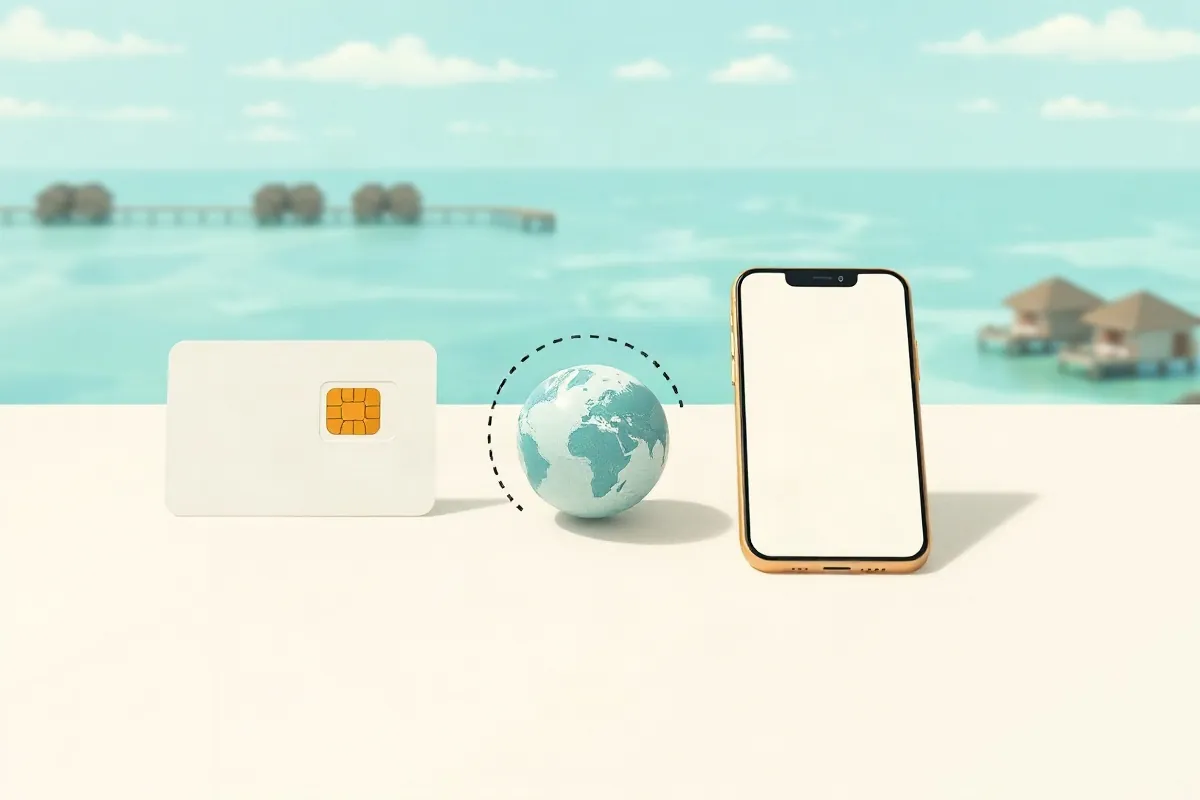 A local SIM card, a globe with a roaming arc and a smartphone for a data eSIM