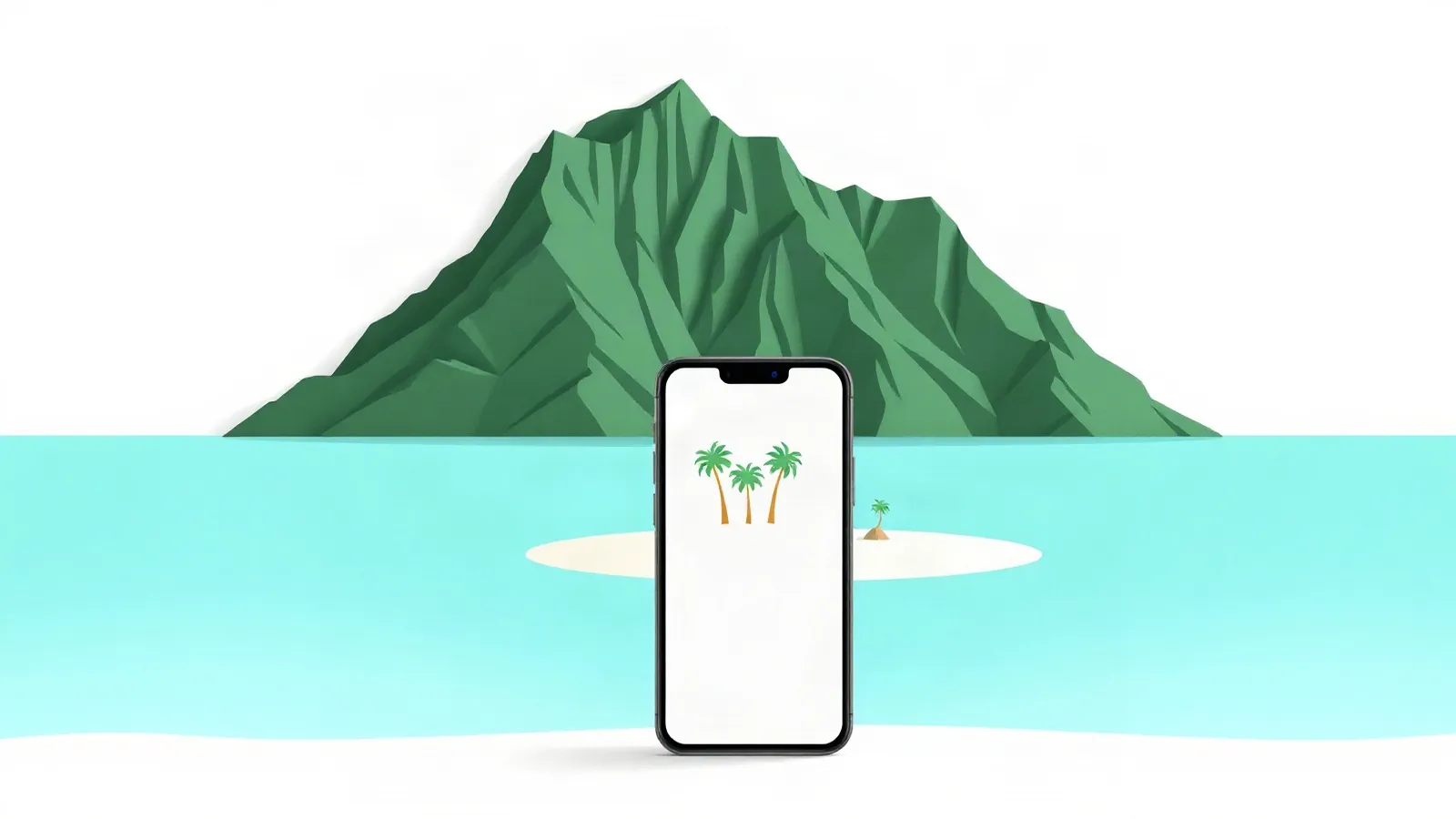 Turquoise lagoon with palm trees and a steep coastal mountain with a smartphone in the foreground
