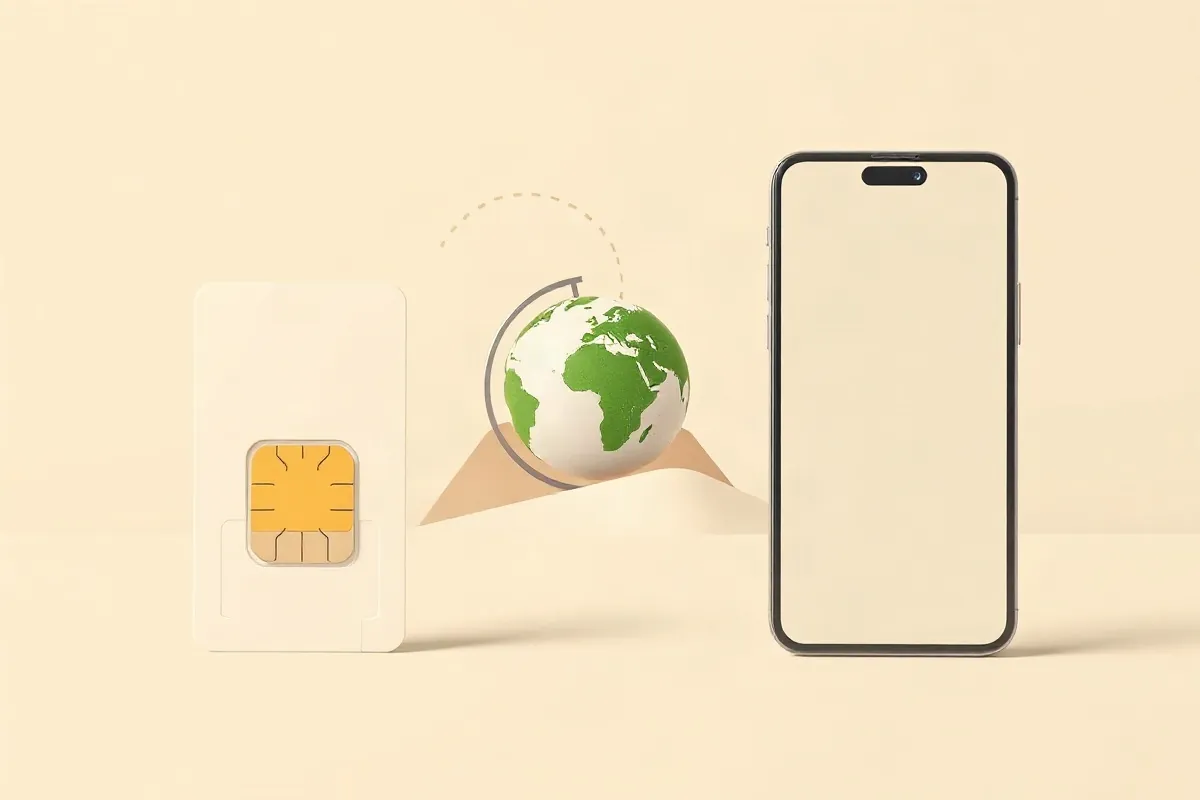 A local SIM card, a globe with a roaming arc and a smartphone for a data eSIM