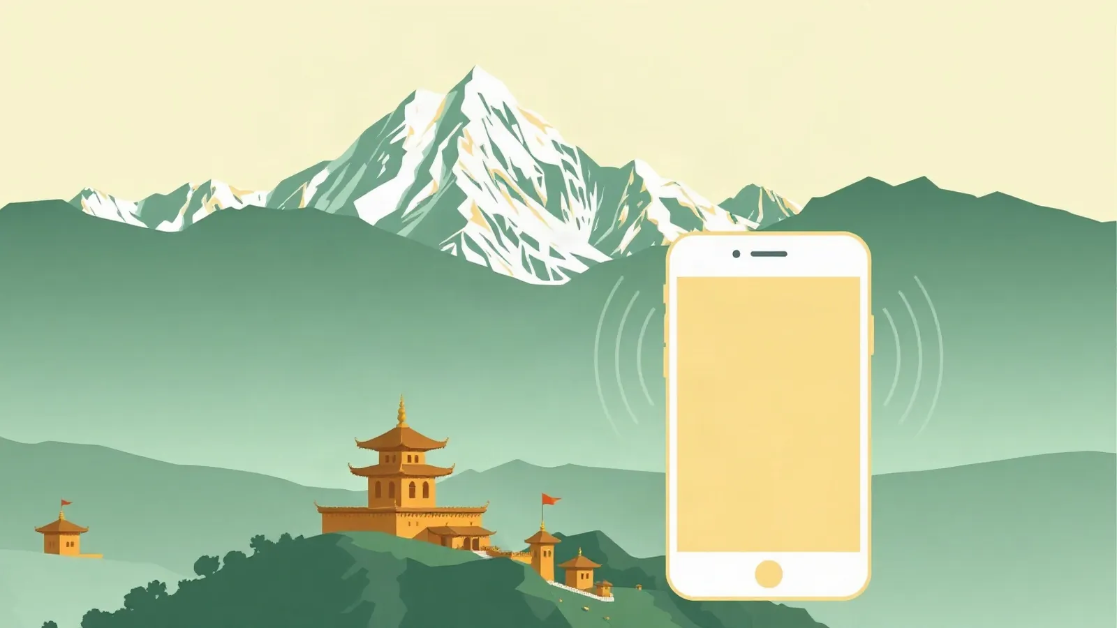 Himalayan peaks above pagoda rooftops with a smartphone in the foreground