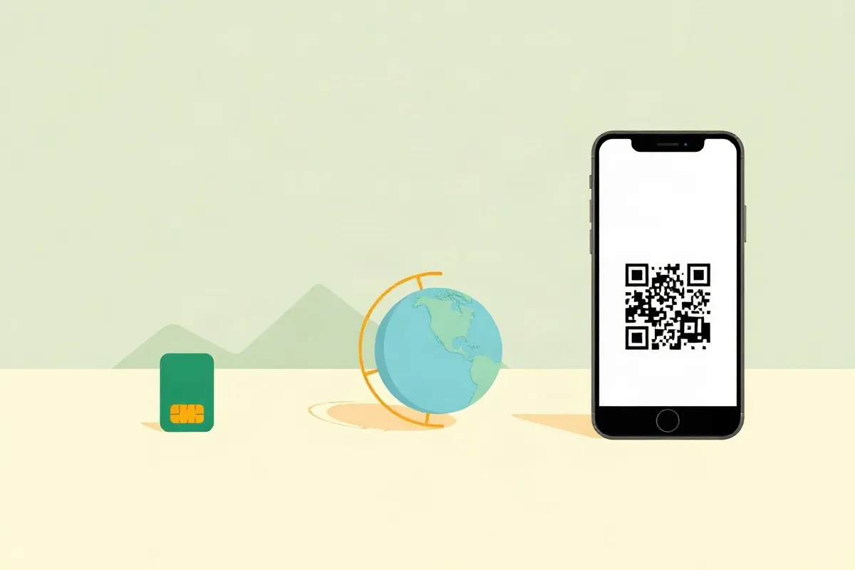 A local SIM card, a roaming arc over a globe and a phone with a QR code for a data eSIM