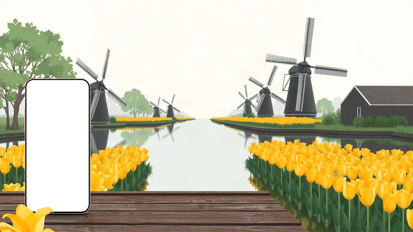 Windmills along a canal beside rows of tulip fields with a smartphone in the foreground