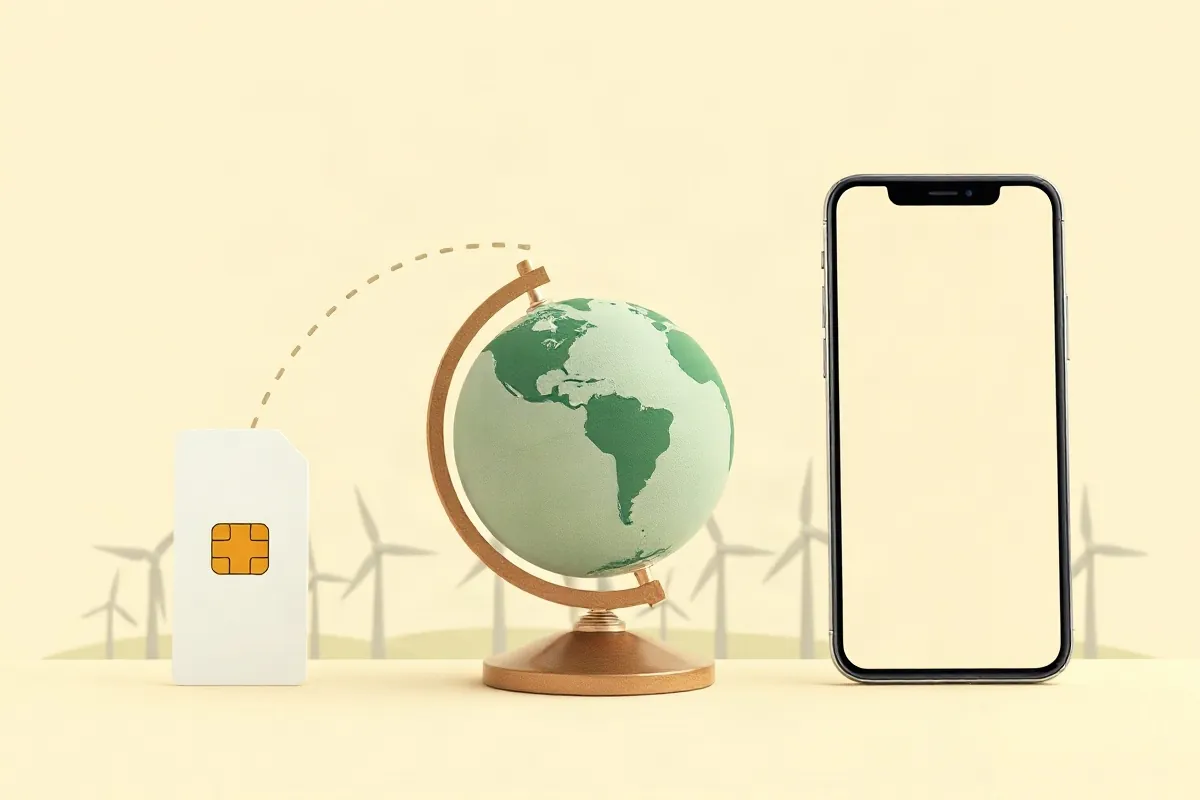 A local SIM card, a globe with a roaming arc and a smartphone for a data eSIM