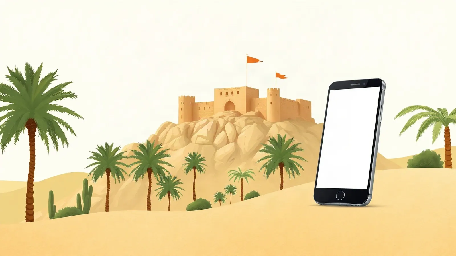 Omani hilltop fort above a palm oasis with a smartphone in the foreground