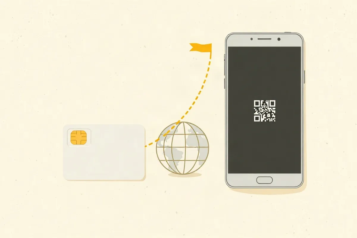 A local SIM card, a roaming arc over a globe and a phone with a QR code for a data eSIM