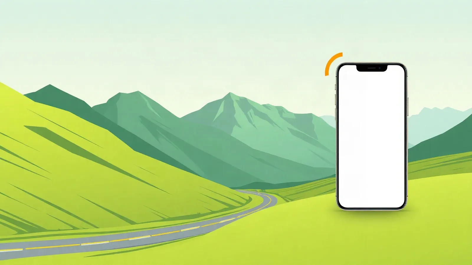 Karakoram mountains and a valley road with a smartphone in the foreground