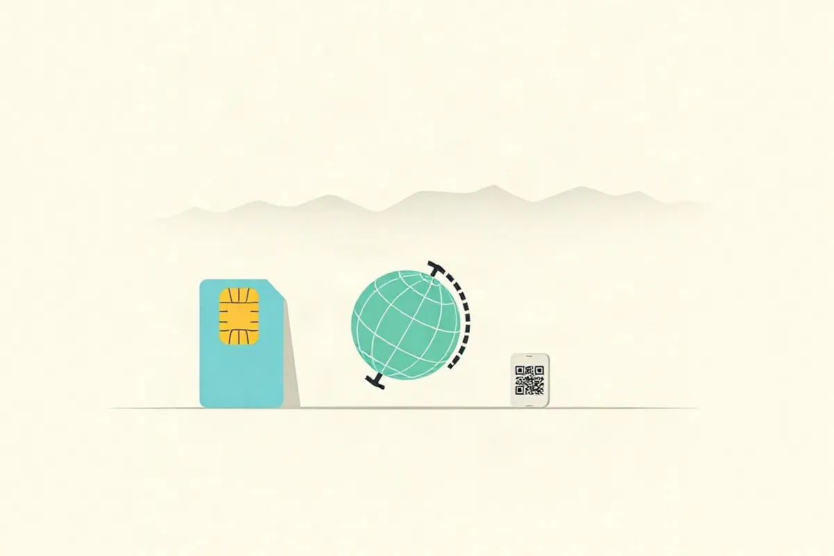 A local SIM card, a roaming arc over a globe and a phone with a QR code for a data eSIM