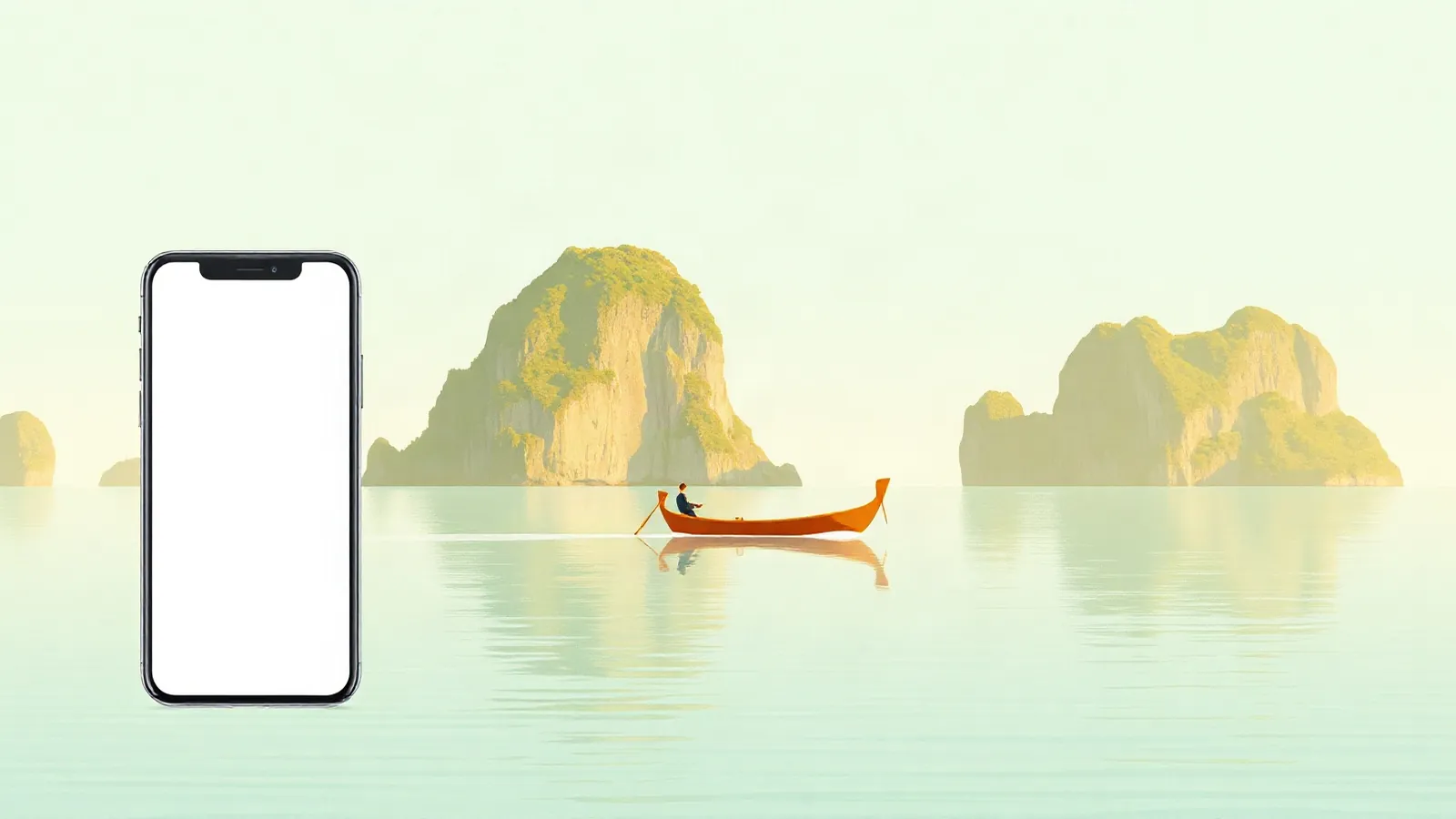 Tropical islands and an outrigger boat with a smartphone in the foreground