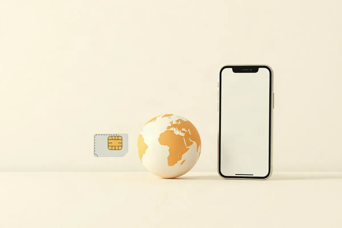 A local SIM card, a roaming arc over a globe and a phone with a QR code for a data eSIM