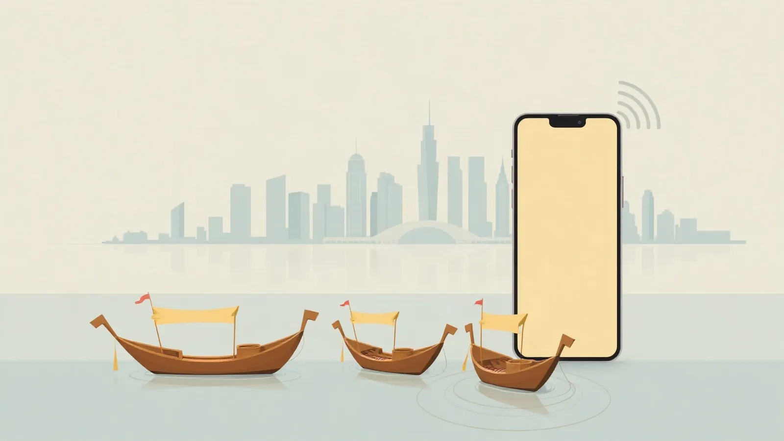 Dhow boats on a calm bay with a modern skyline and a smartphone in the foreground