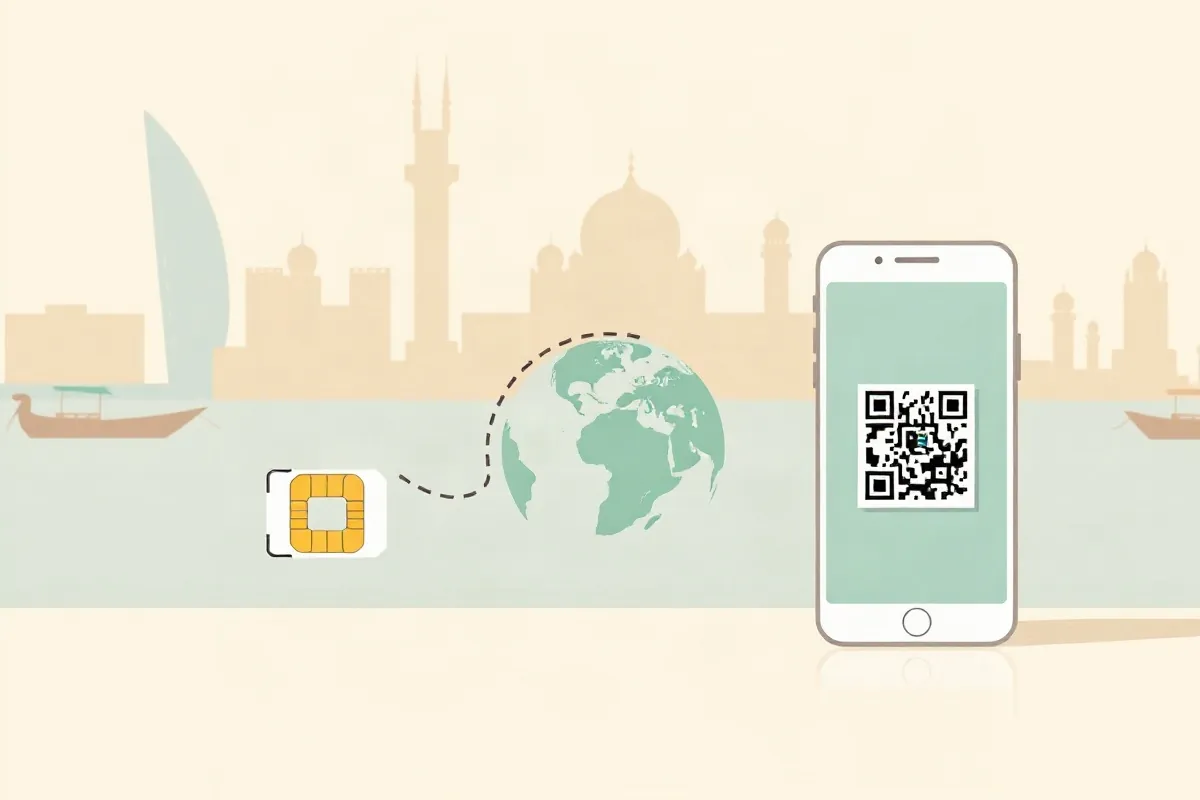 A local SIM card, a roaming arc over a globe and a phone with a QR code for a data eSIM