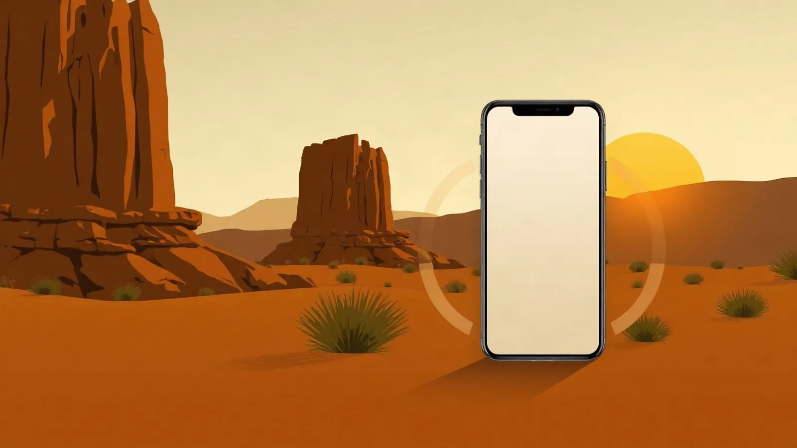 Desert sandstone rock formations at sunset with a smartphone in the foreground