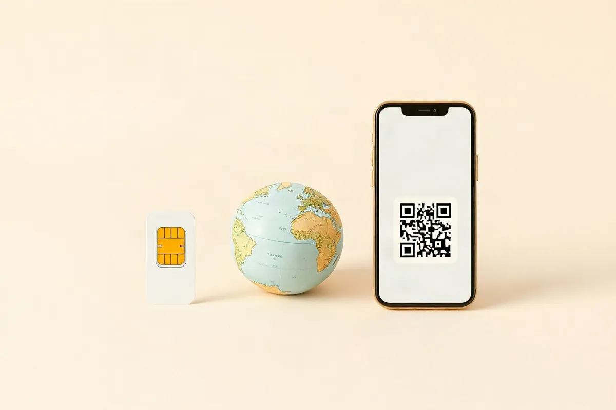 A local SIM card, a roaming arc over a globe and a phone with a QR code for a data eSIM