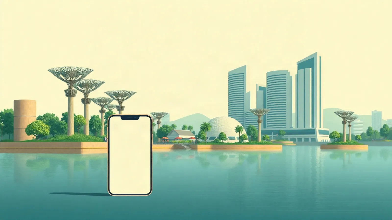 Waterfront bay with tall tree-like garden structures with a smartphone in the foreground