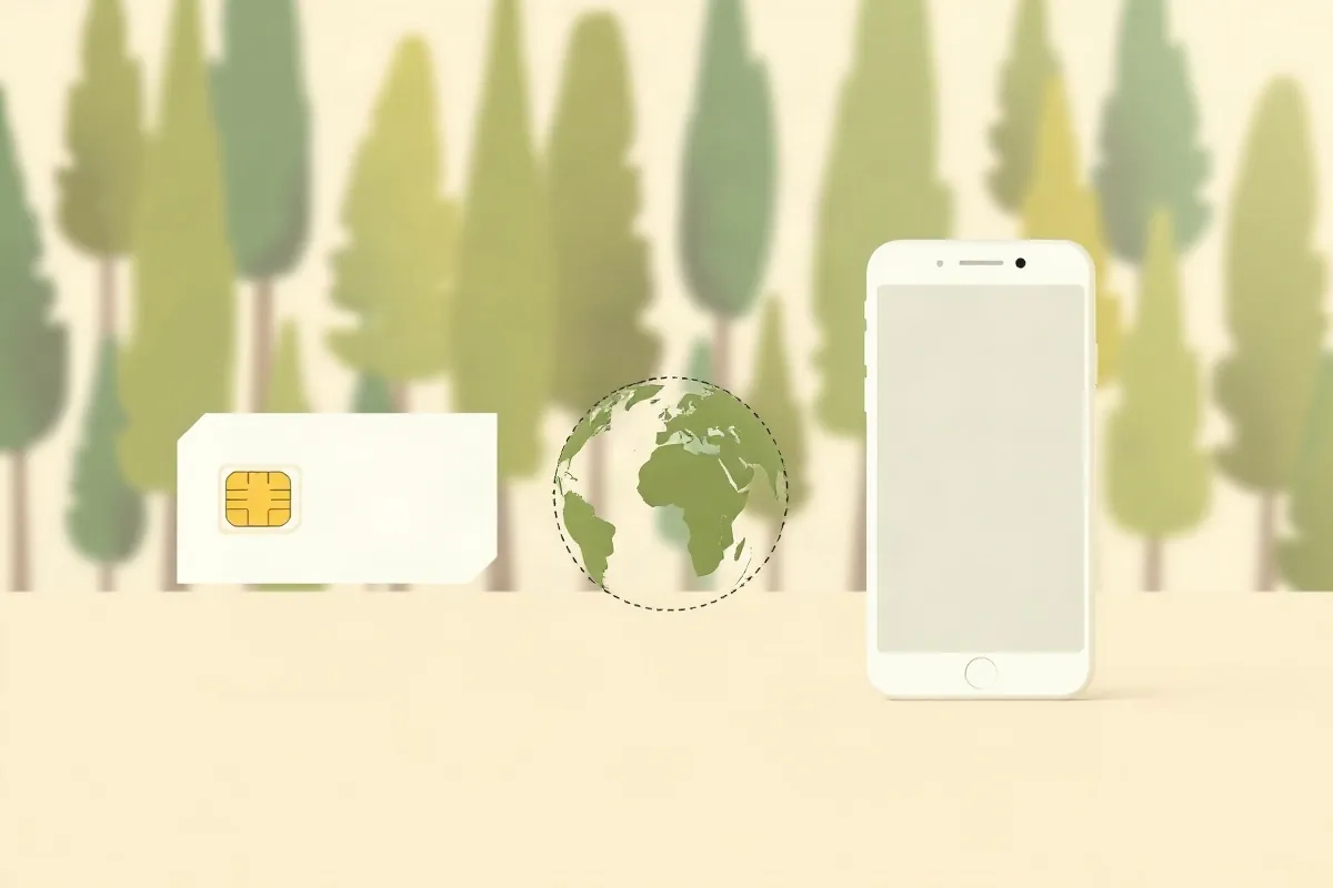 A local SIM card, a globe with a roaming arc and a smartphone for a data eSIM