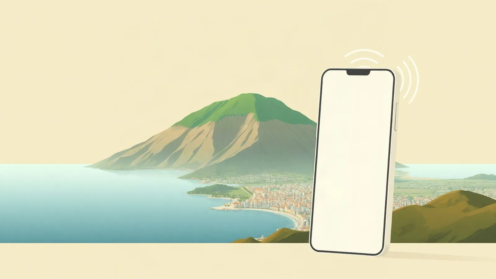 Mountain above a coastal city and a calm bay with a smartphone in the foreground