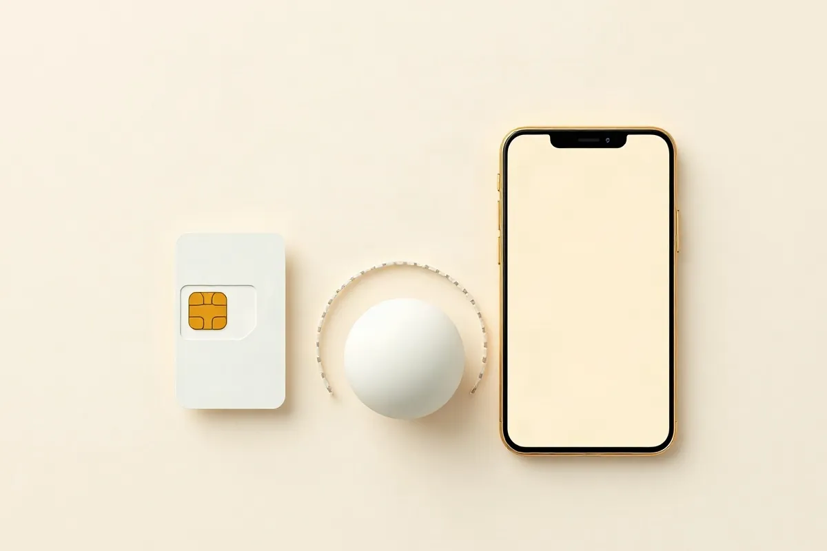A local SIM card, a globe with a roaming arc and a smartphone for a data eSIM