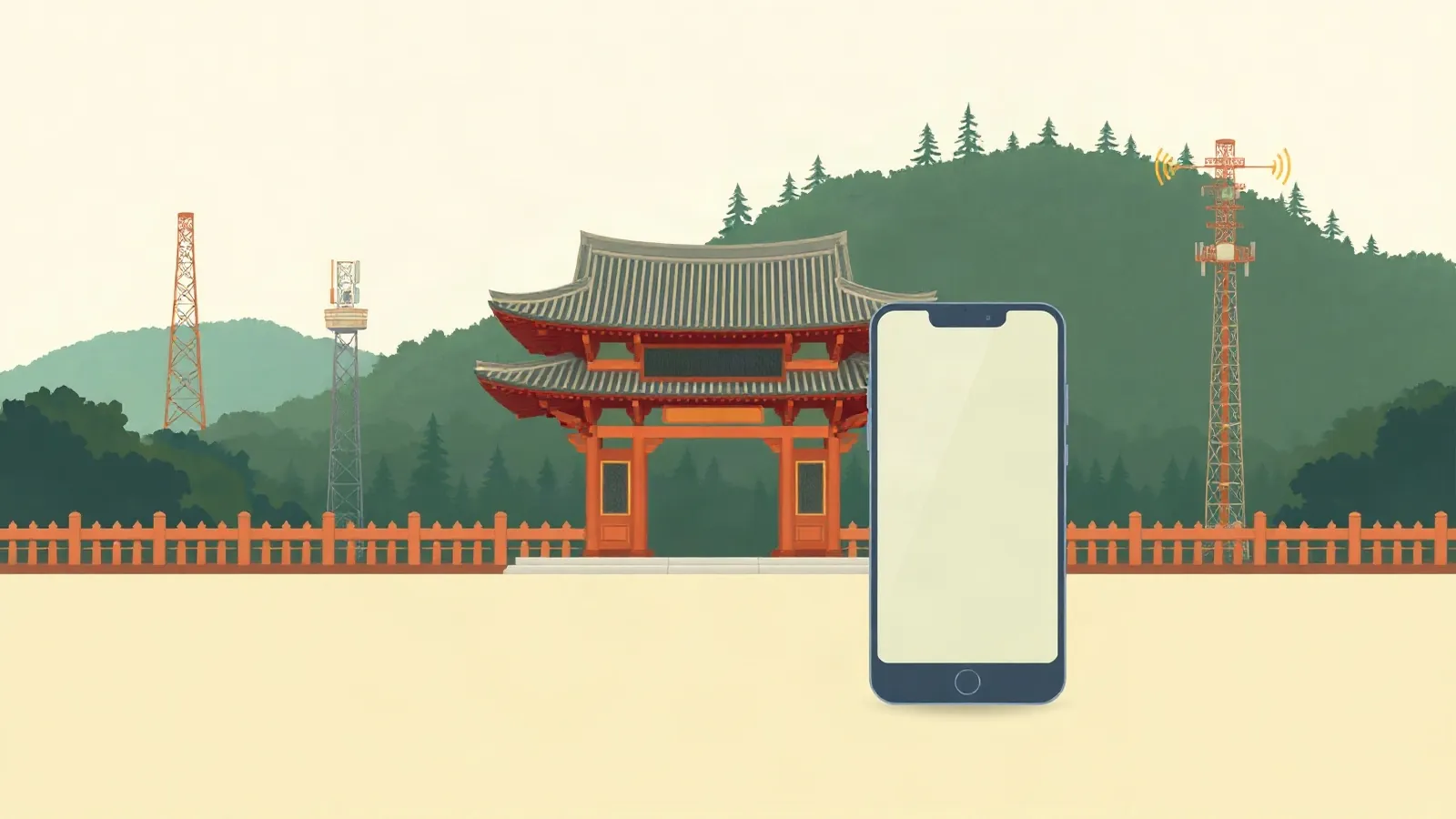 Traditional palace gate with a curved tiled roof and a hilltop tower with a smartphone in the foreground