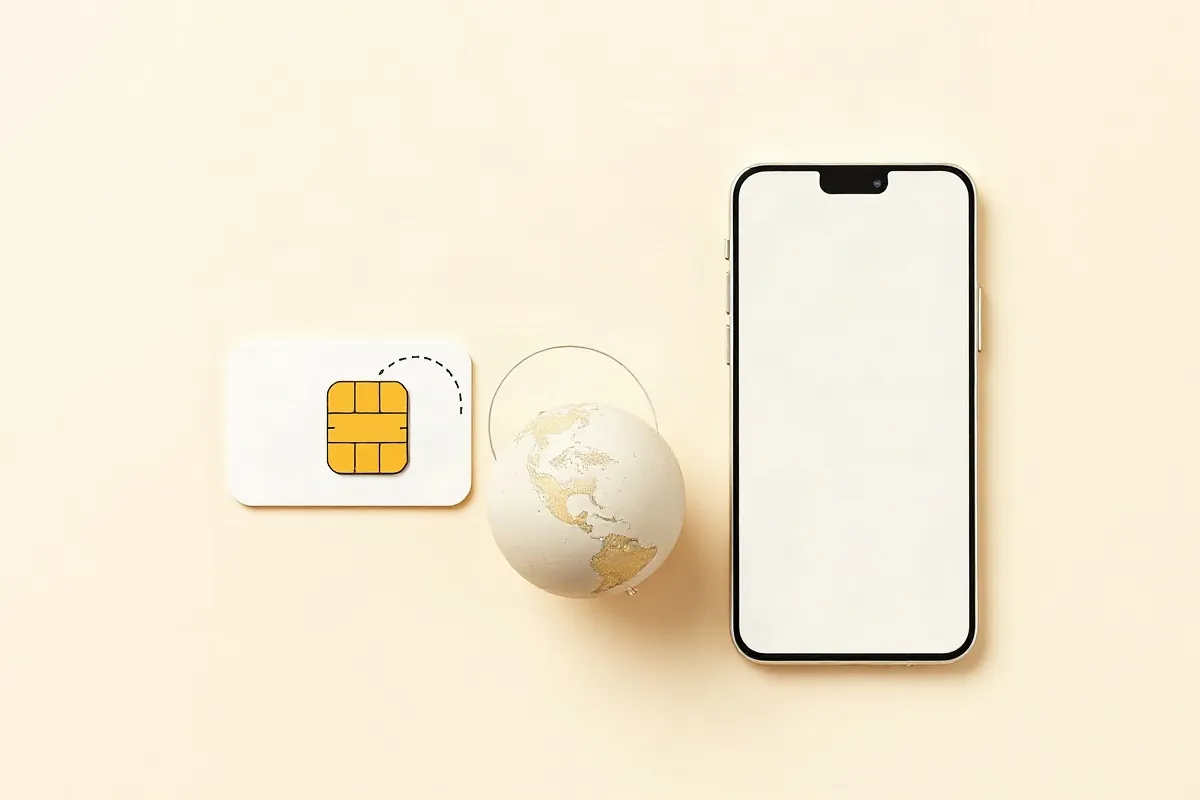 A local SIM card, a globe with a roaming arc and a smartphone for a data eSIM