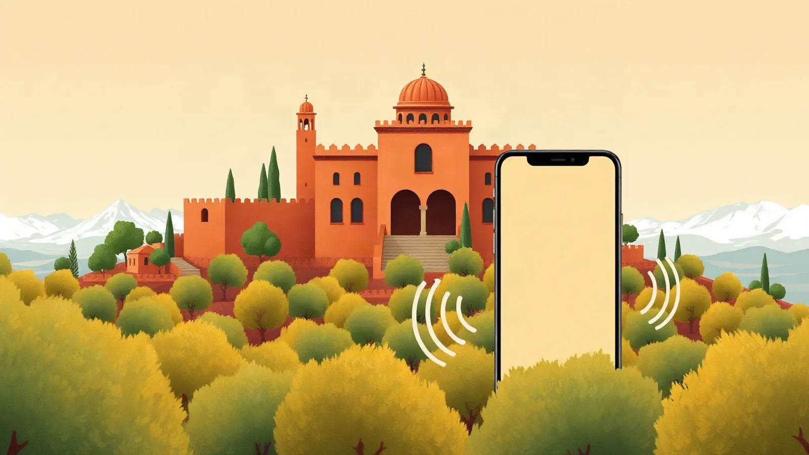 Moorish hilltop palace above olive groves with a smartphone in the foreground