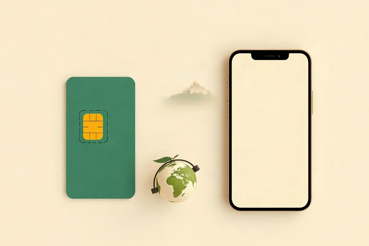 A local SIM card, a globe with a roaming arc and a smartphone for a data eSIM