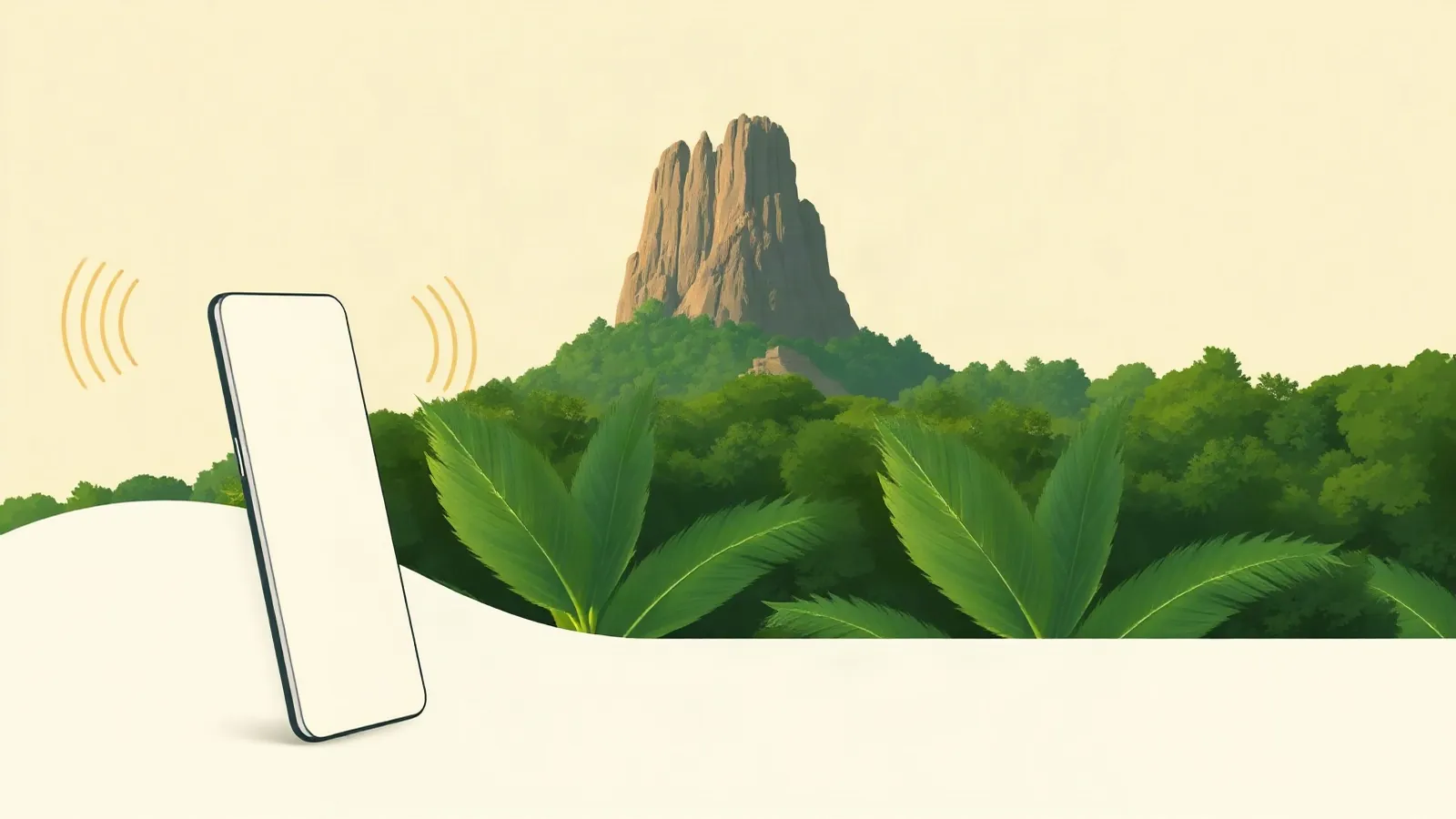 Rock fortress above green jungle with a smartphone in the foreground
