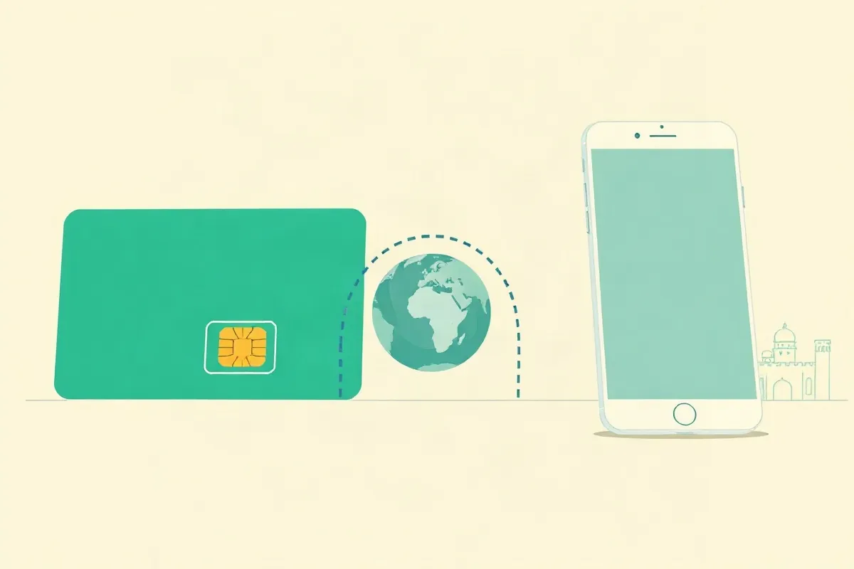 A local SIM card, a roaming arc over a globe and a phone with a QR code for a data eSIM