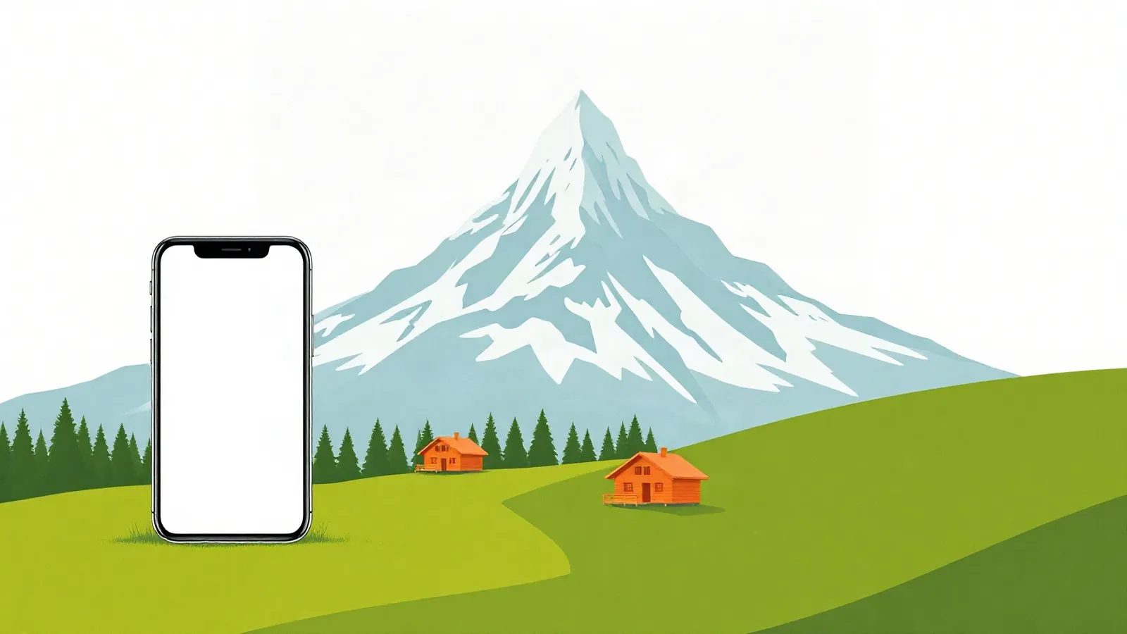Sharp snowy peak above an alpine meadow and wooden chalets with a smartphone in the foreground