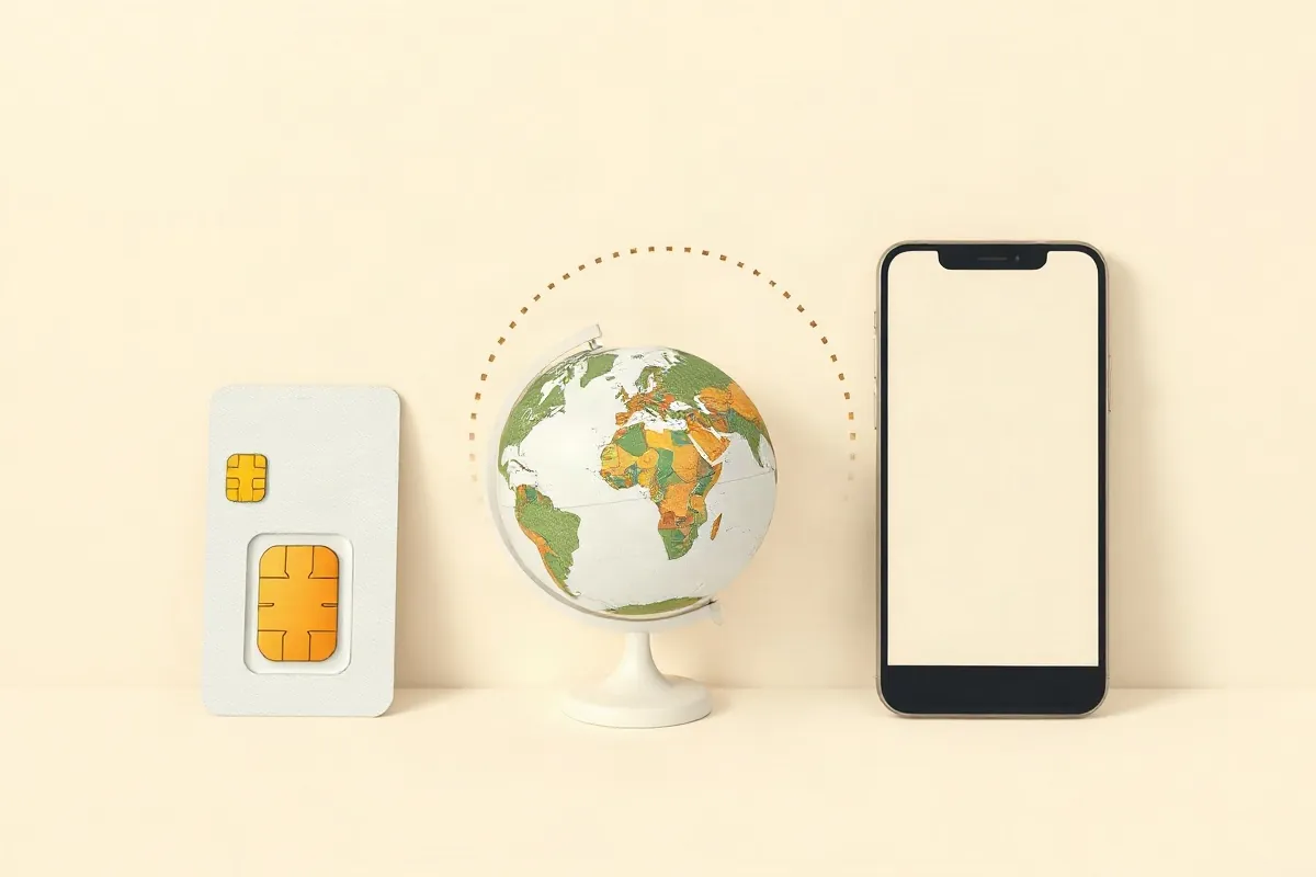 A local SIM card, a globe with a roaming arc and a smartphone for a data eSIM