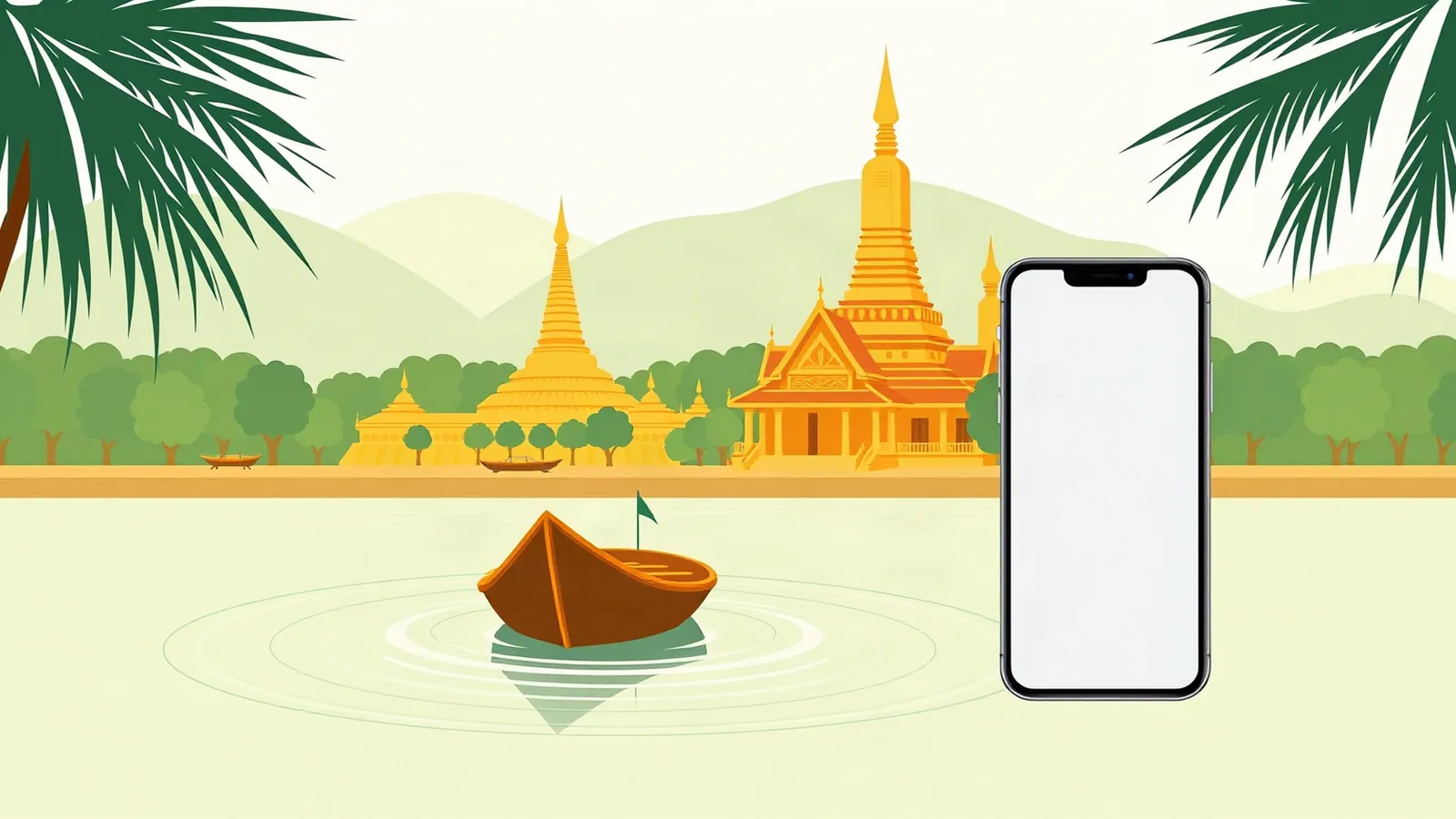 Golden temple spires by a river and a longtail boat with a smartphone in the foreground
