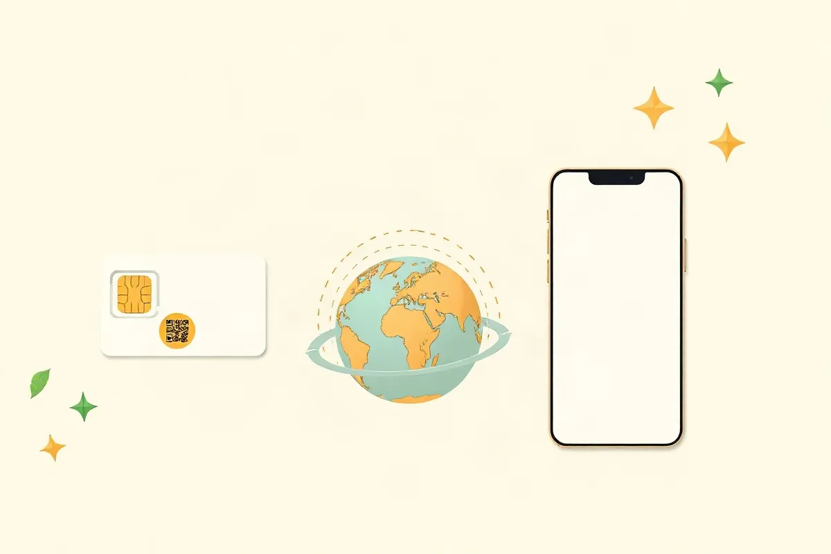 A local SIM card, a globe with a roaming arc and a smartphone for a data eSIM