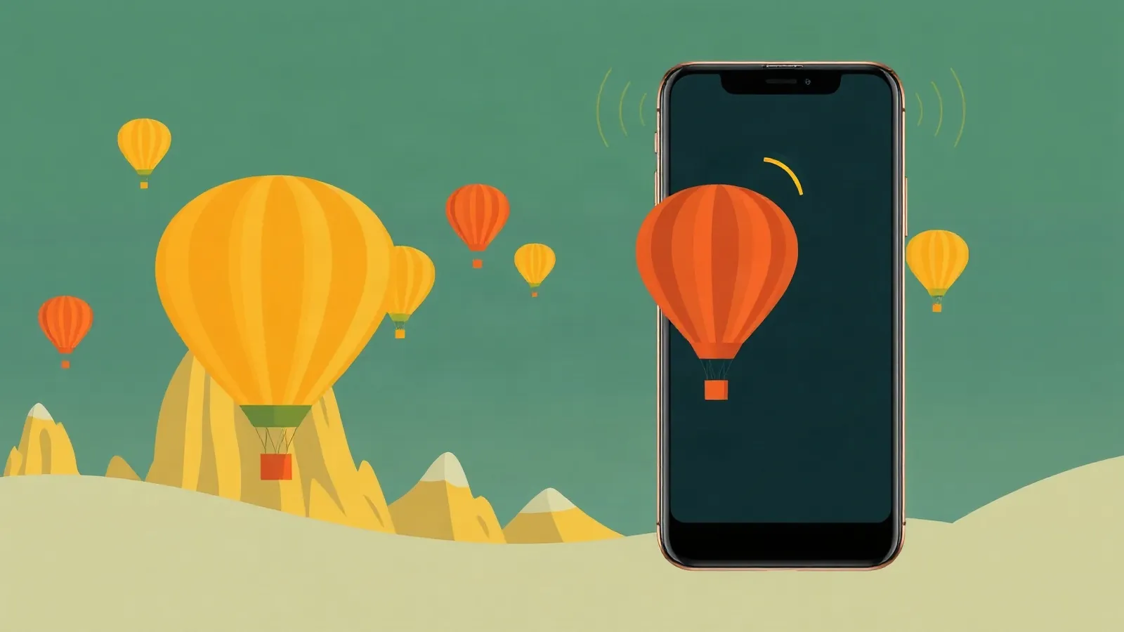 Hot air balloons over rock chimneys at sunrise with a smartphone in the foreground