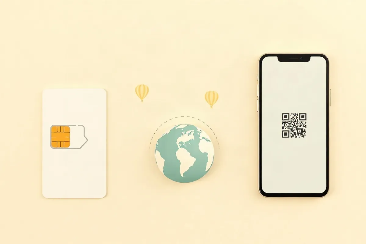 A local SIM card, a globe with a roaming arc and a smartphone for a data eSIM