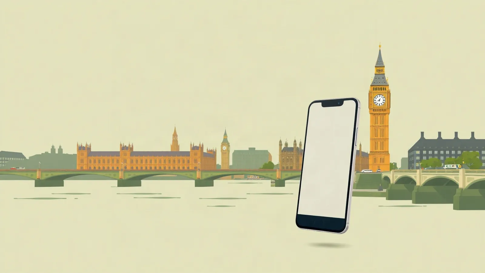 London riverside skyline with a clock tower and a smartphone in the foreground