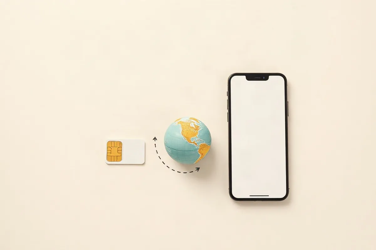 A local SIM card, a roaming arc over a globe and a phone with a QR code for a data eSIM
