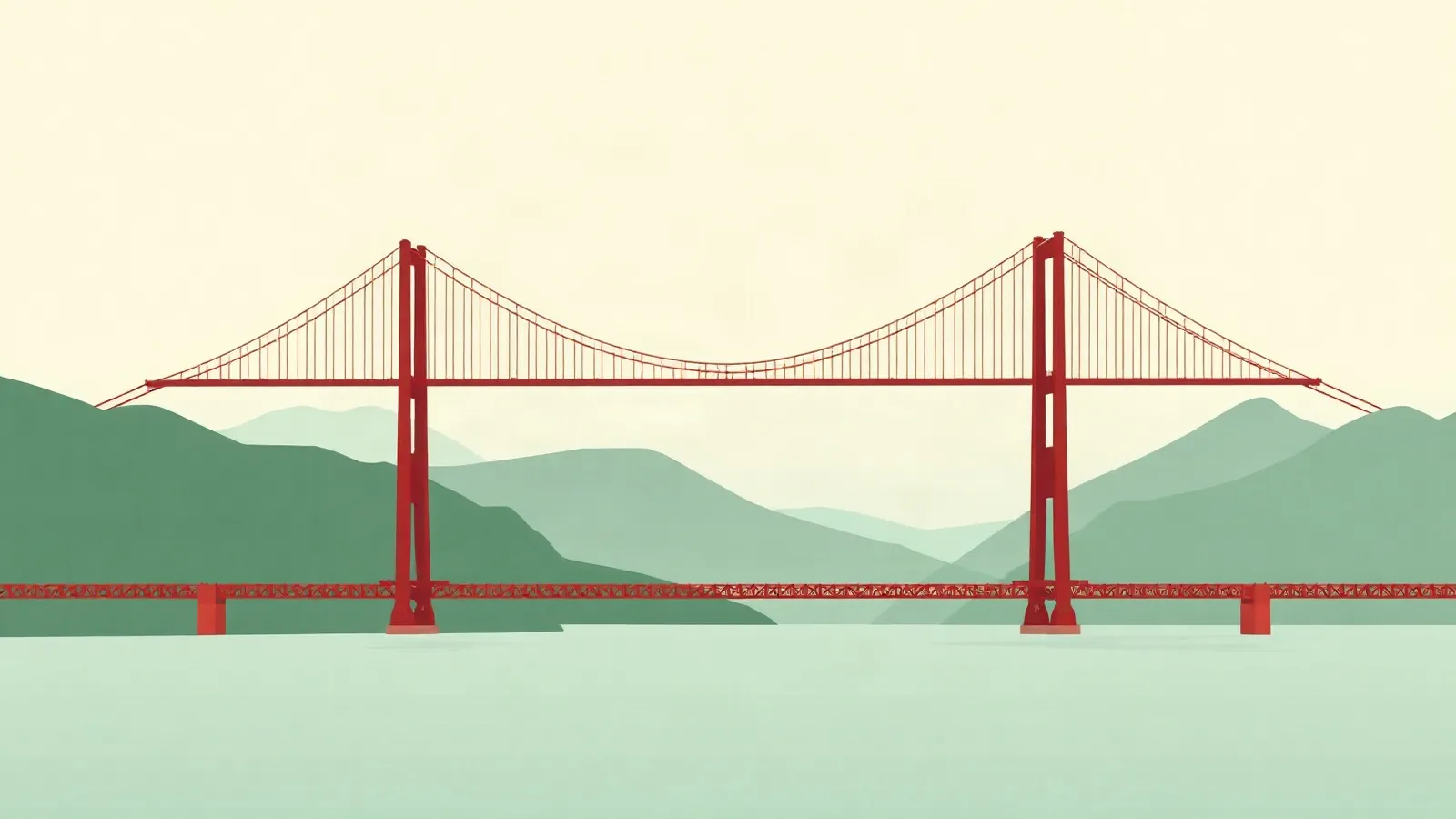 Suspension bridge over a misty bay with a smartphone in the foreground