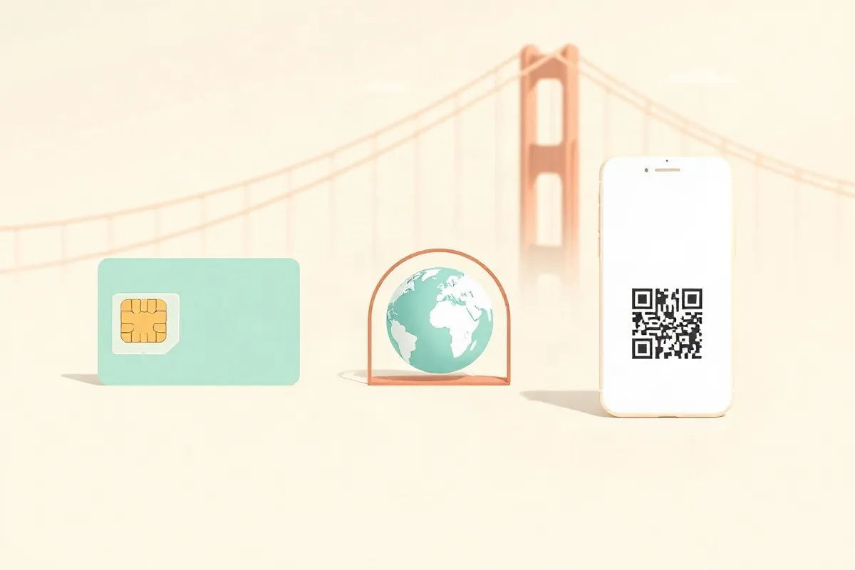 A local SIM card, a globe with a roaming arc and a smartphone for a data eSIM